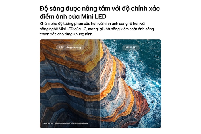 LG QNED evo AI QNED82 Mini LED highlights how its Mini LED reveals sharper rock textures and clearer ocean detail than conventional LED in a split coastal cliff scene, delivering deeper blacks and more refined contrast for greater clarity and depth.